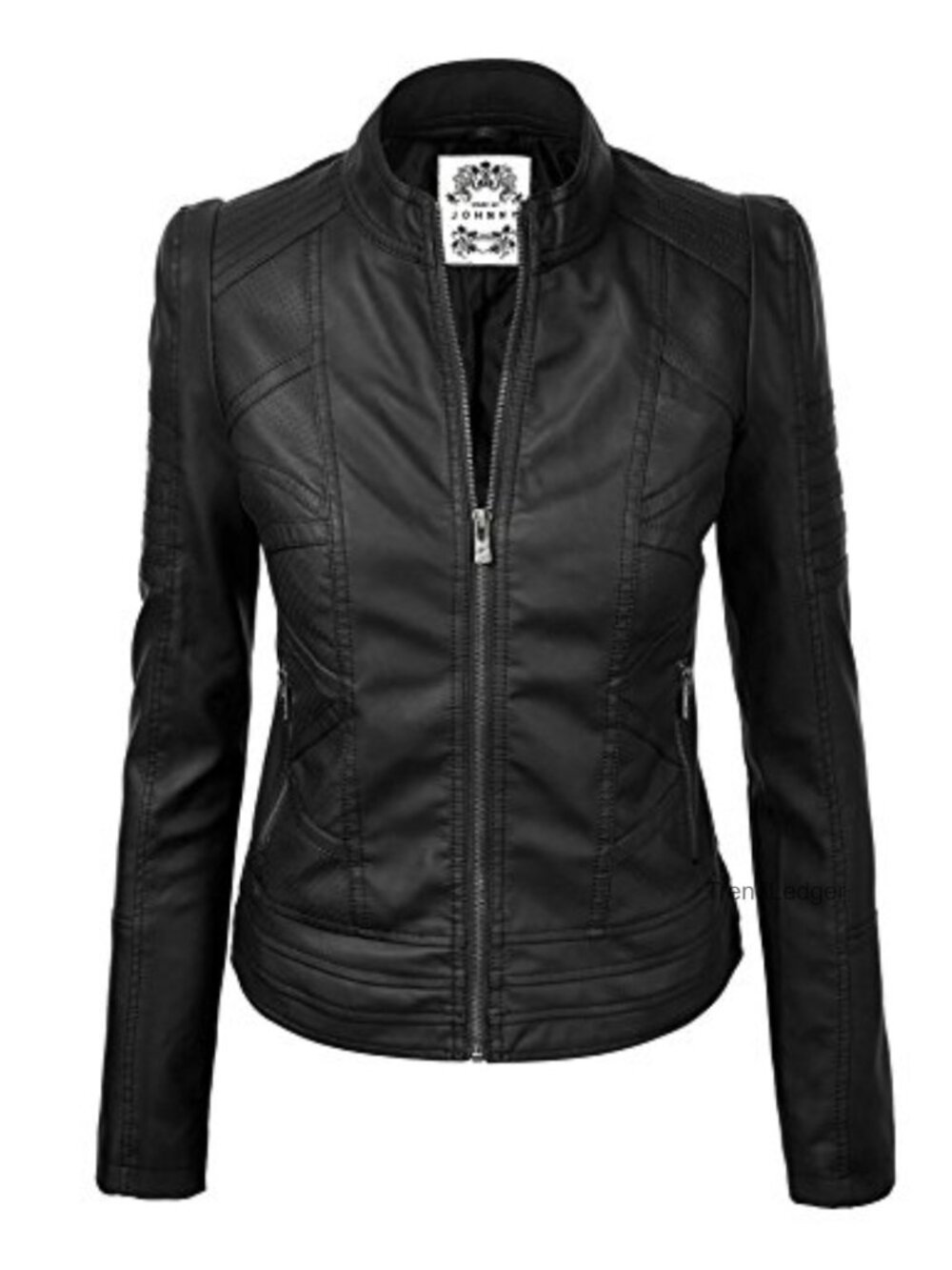 Womens Faux Leather Zip Up Moto Biker Jacket With Stitching Detail